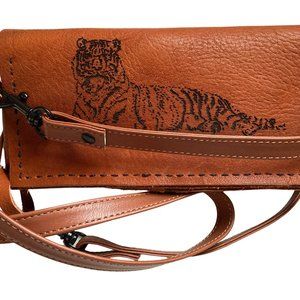 Leather laser printed tiger wallet/cell phone carrier with cross body strap